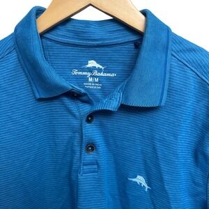 Tommy Bahama Mens Polo Shirt Medium Dark Teal Striped Short Sleeve Casual Golf